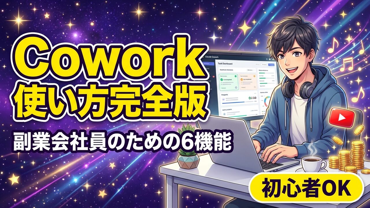Claude Coworkの使い方アイキャッチ｜タスク丸投げで副業を時短する完全ガイド
