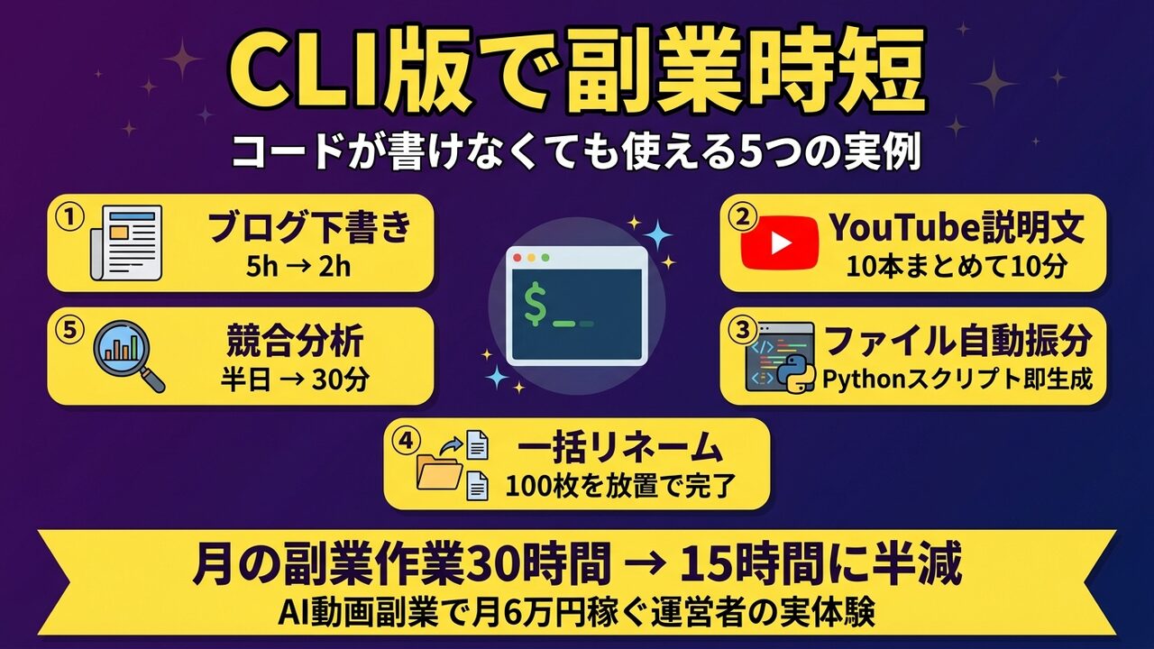 Claude Code CLI版で副業会社員ができる5つのこと｜ブログ・YouTube・スクリプト・ファイル整理・情報収集