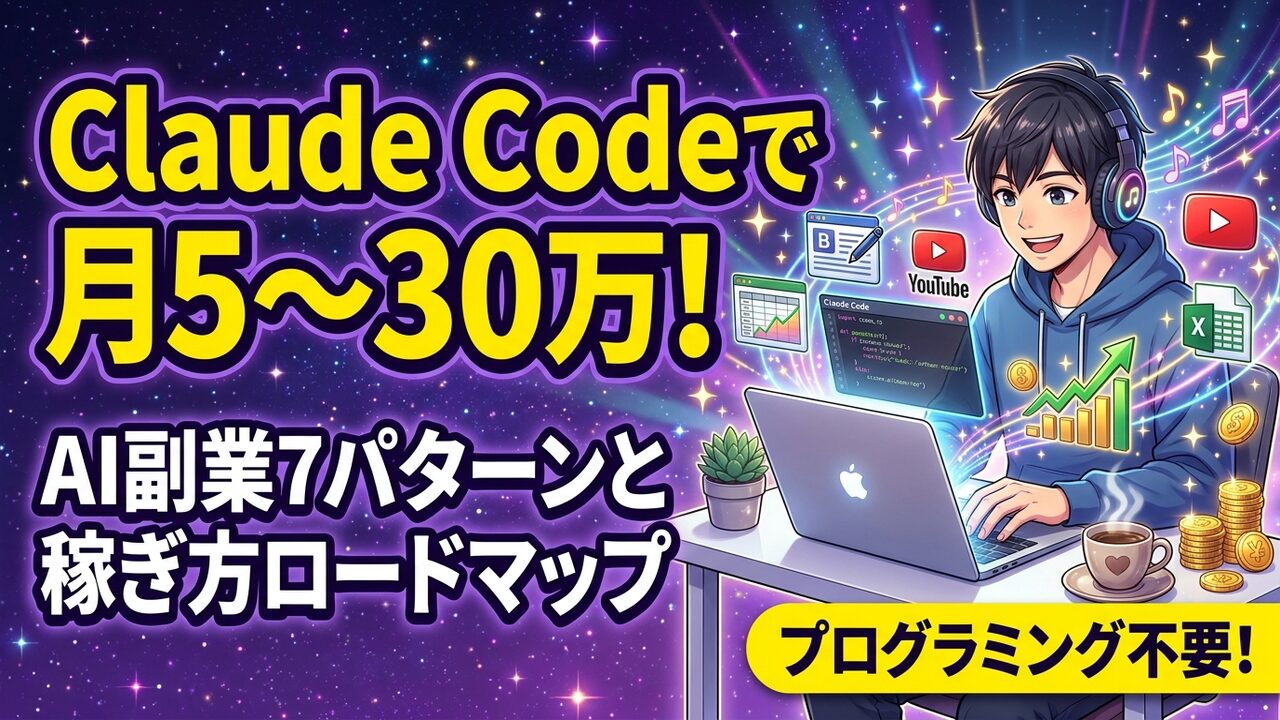 Claude Codeで副業する方法アイキャッチ｜AI副業7パターンで月5〜30万円を稼ぐ完全ガイド