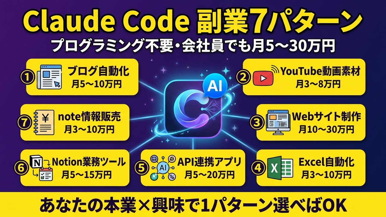 Claude Codeで稼げる副業7パターン全体像｜ブログ・YouTube・Web制作・Excel・API・Notion・noteの月収目安付きホイール図