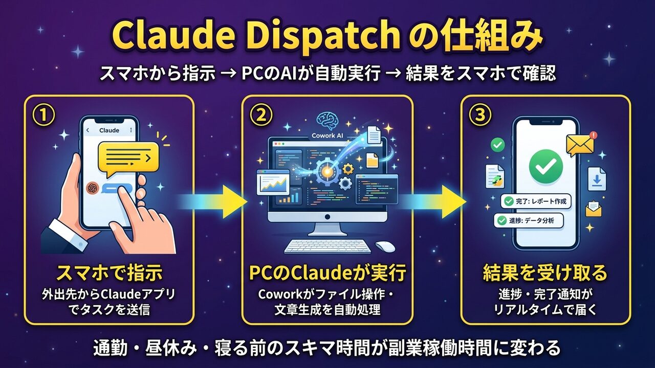 Claude Dispatchの仕組み｜スマホで指示→PCのClaudeが自動実行→結果をスマホで受け取る3ステップ