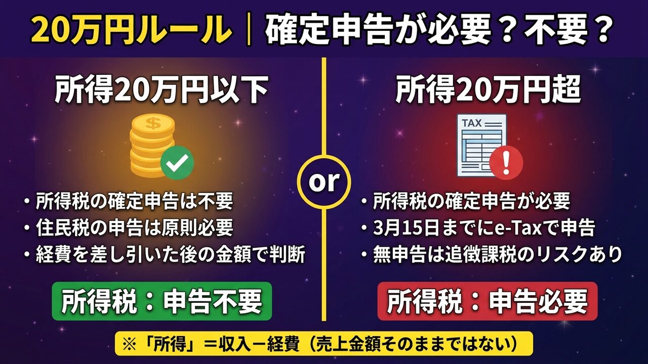 20万円ルール 確定申告が必要か不要かの比較図