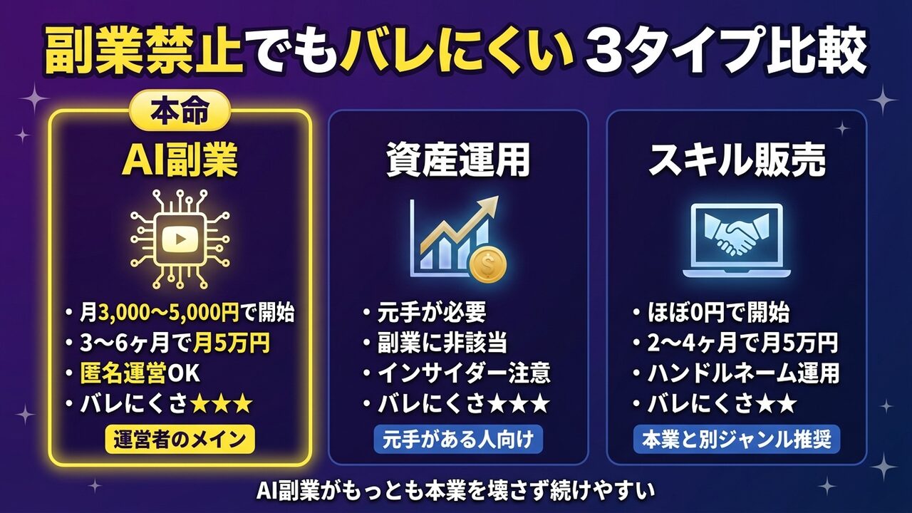 副業禁止でもバレにくい副業3タイプの比較