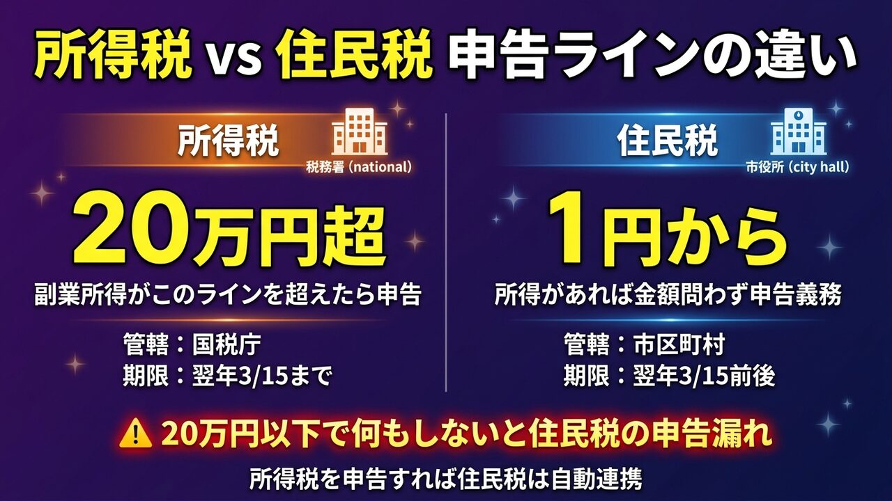 所得税と住民税の申告ラインの違い比較図