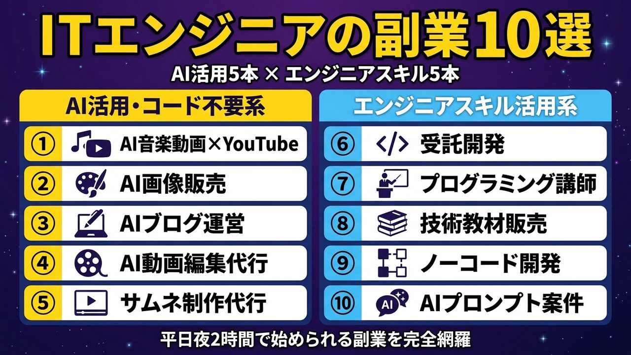 ITエンジニアの副業10選 全体像マトリクス