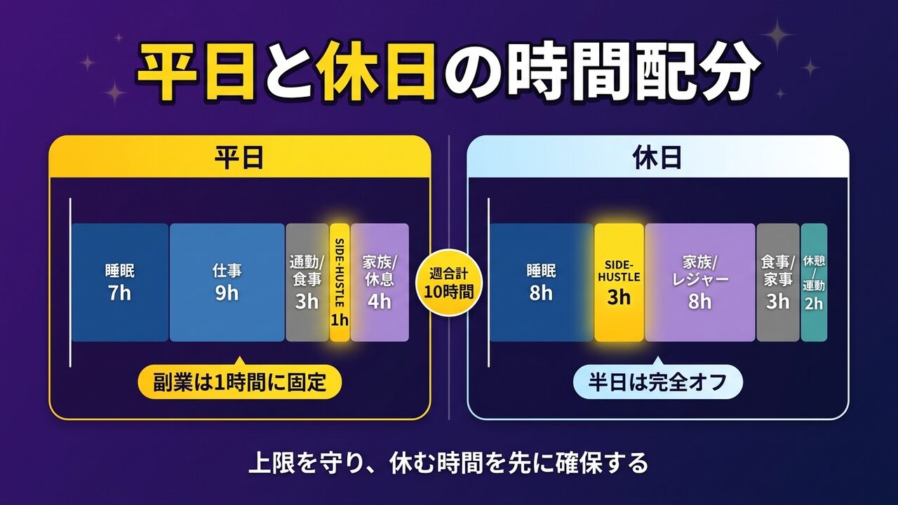 副業と本業の両立｜平日と休日の時間配分比較