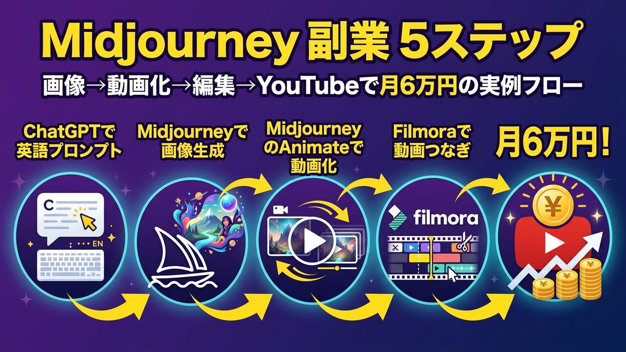 Midjourneyで副業する5ステップ：ChatGPT→Midjourney画像→Midjourney Animate動画化→Filmora編集→YouTube