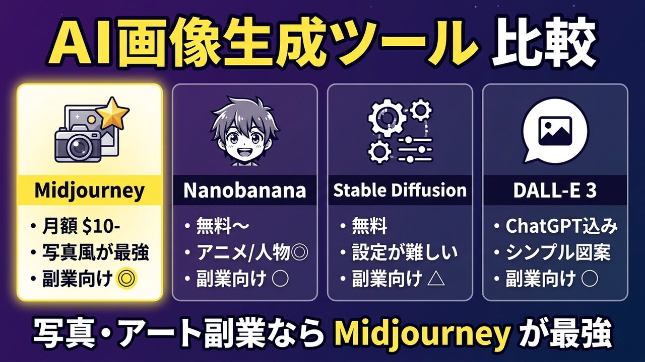 Midjourney・Nanobanana・Stable Diffusion・DALL-E 3の比較図