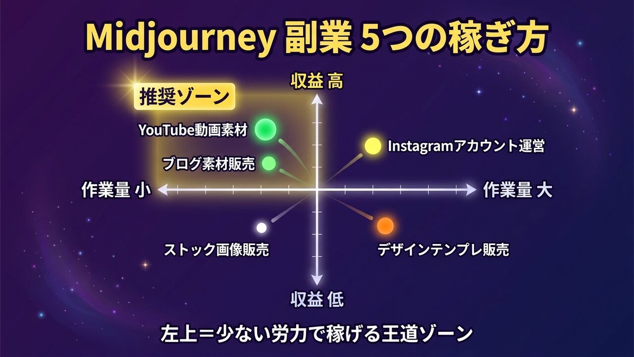 Midjourneyで副業する5つの方法を作業量と収益で分類したマトリクス