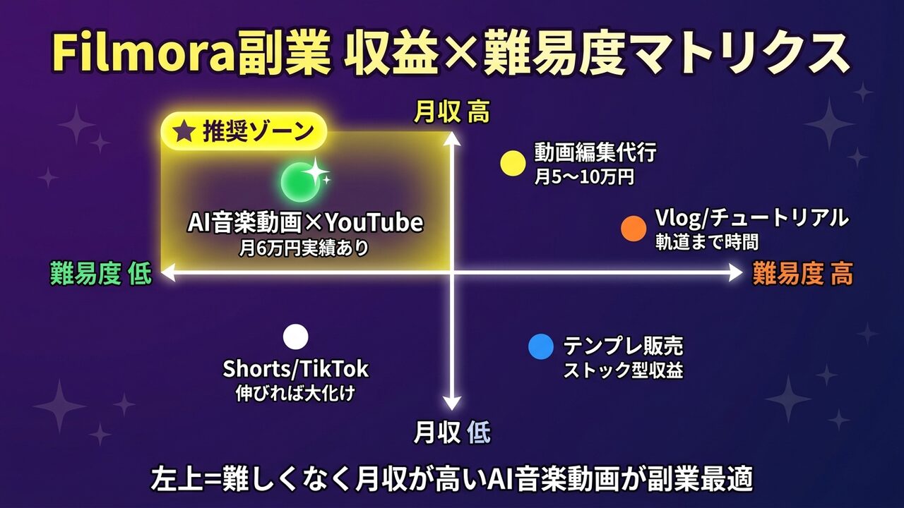Filmora副業5つの稼ぎ方 収益×難易度マトリクス