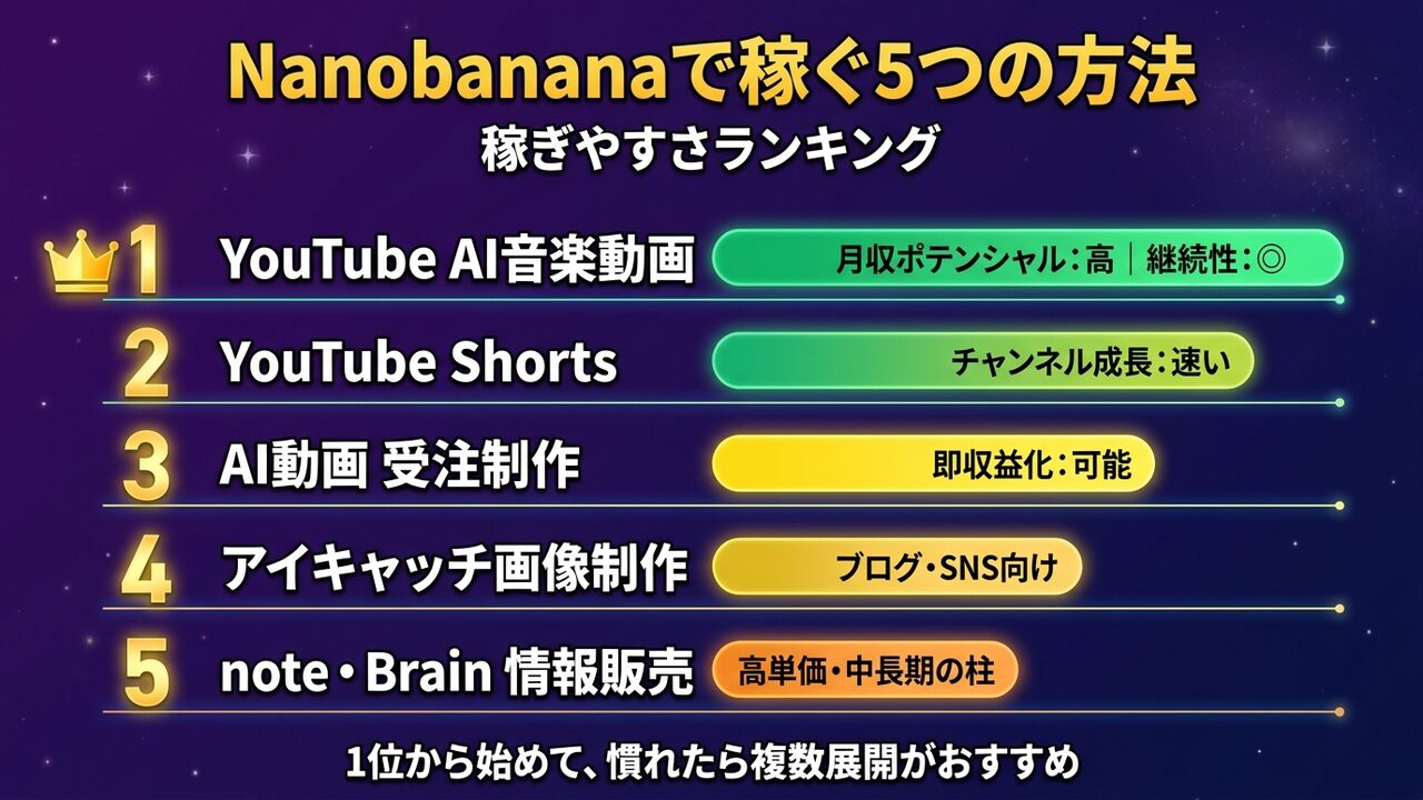 Nanobanana副業5つの方法ランキング