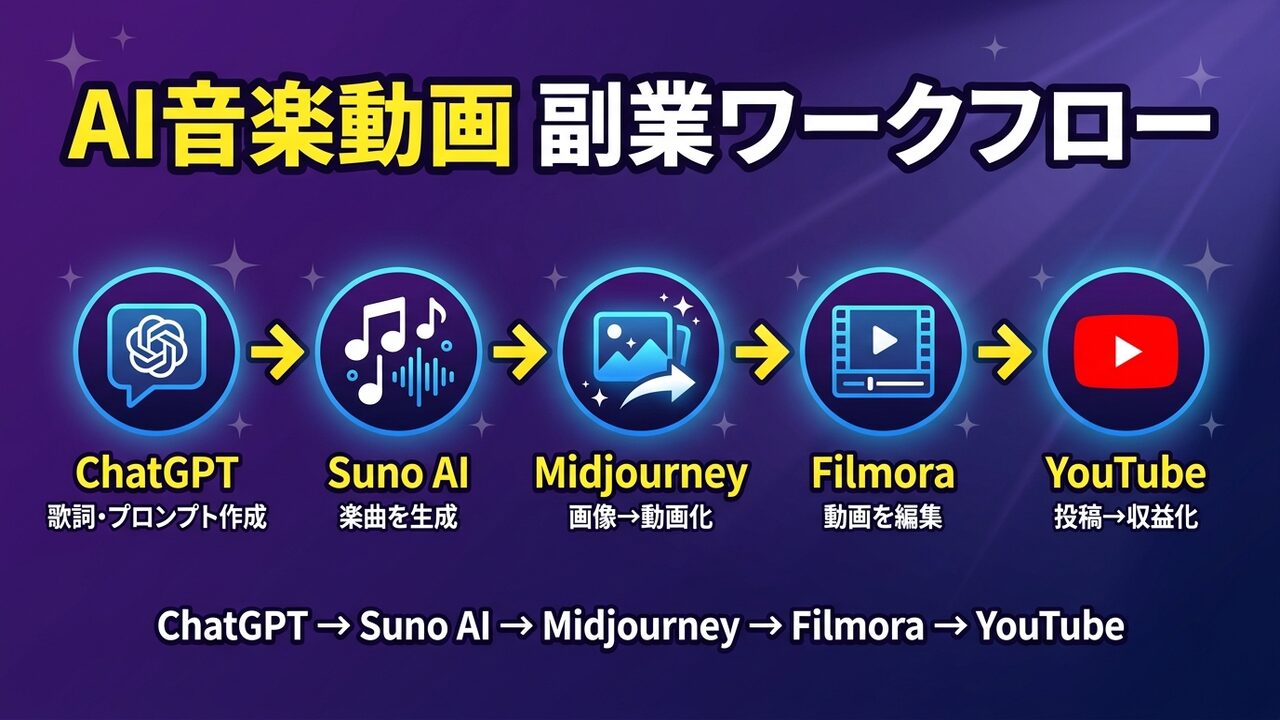 AI音楽動画副業ワークフロー全体図