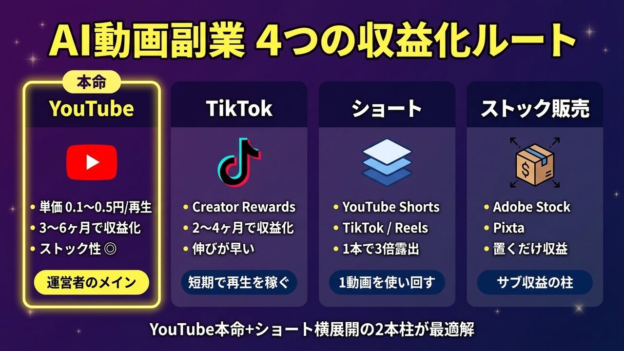AI動画副業4つの収益化ルート比較