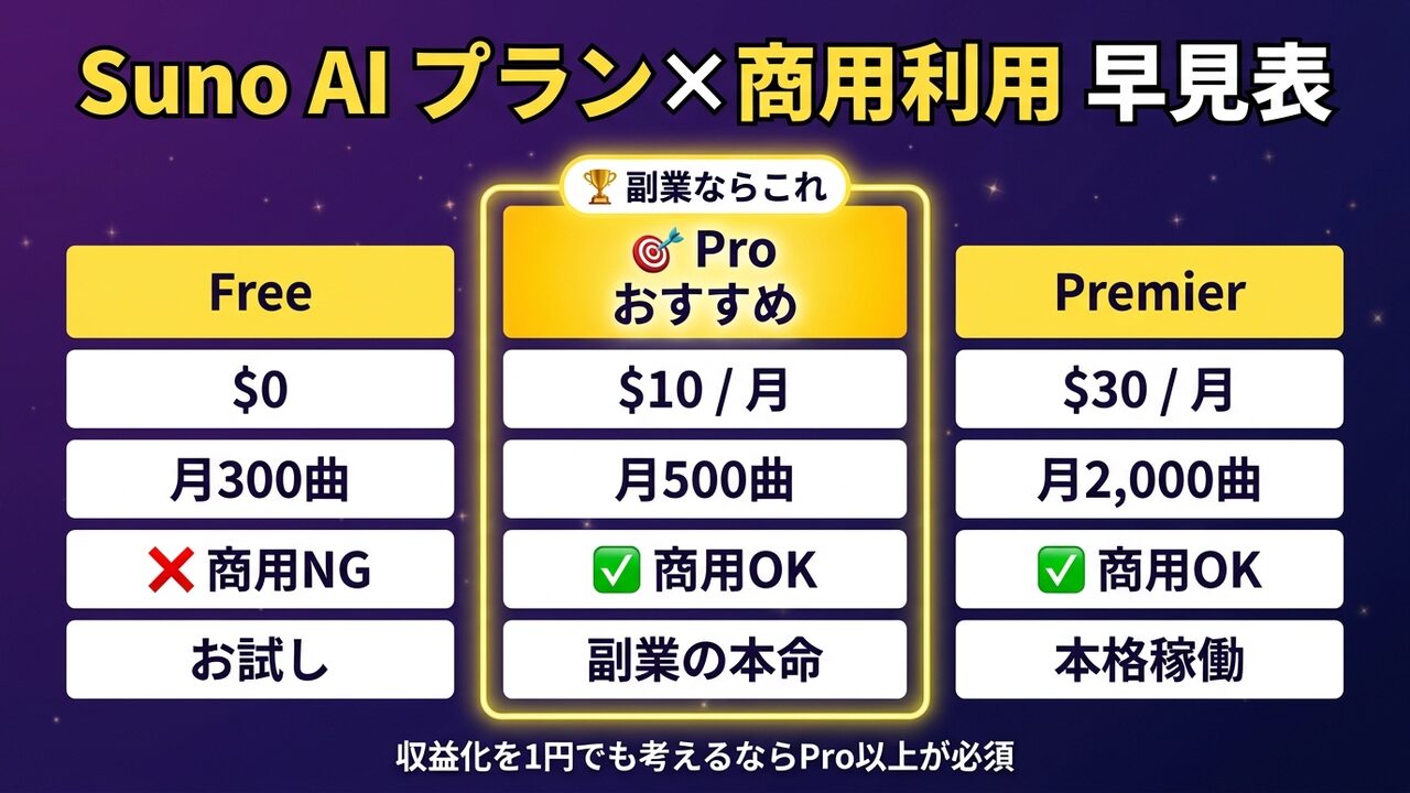 Suno AIプラン比較図