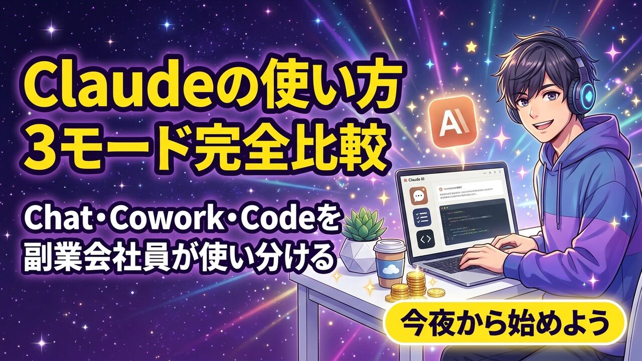 Claudeの使い方3モード完全比較ガイドアイキャッチ｜Chat・Cowork・Codeを副業会社員が使い分ける方法