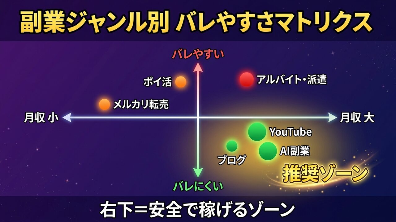 副業ジャンル別バレやすさマトリクス:YouTube・AI副業・ブログが右下の推奨ゾーン(バレにくく稼げる)、アルバイト派遣は右上(バレやすい)