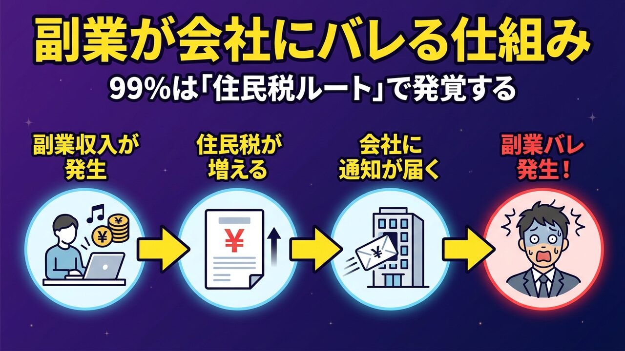 副業が会社にバレる仕組み:副業収入→住民税増→会社に通知→副業バレ発生の4ステップフロー図