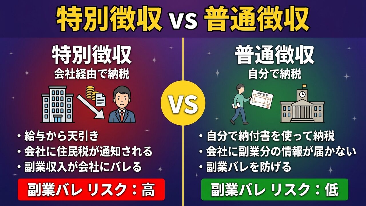 特別徴収vs普通徴収の比較図:特別徴収は会社経由で納税して副業バレリスク高、普通徴収は自分で納税して副業バレリスク低