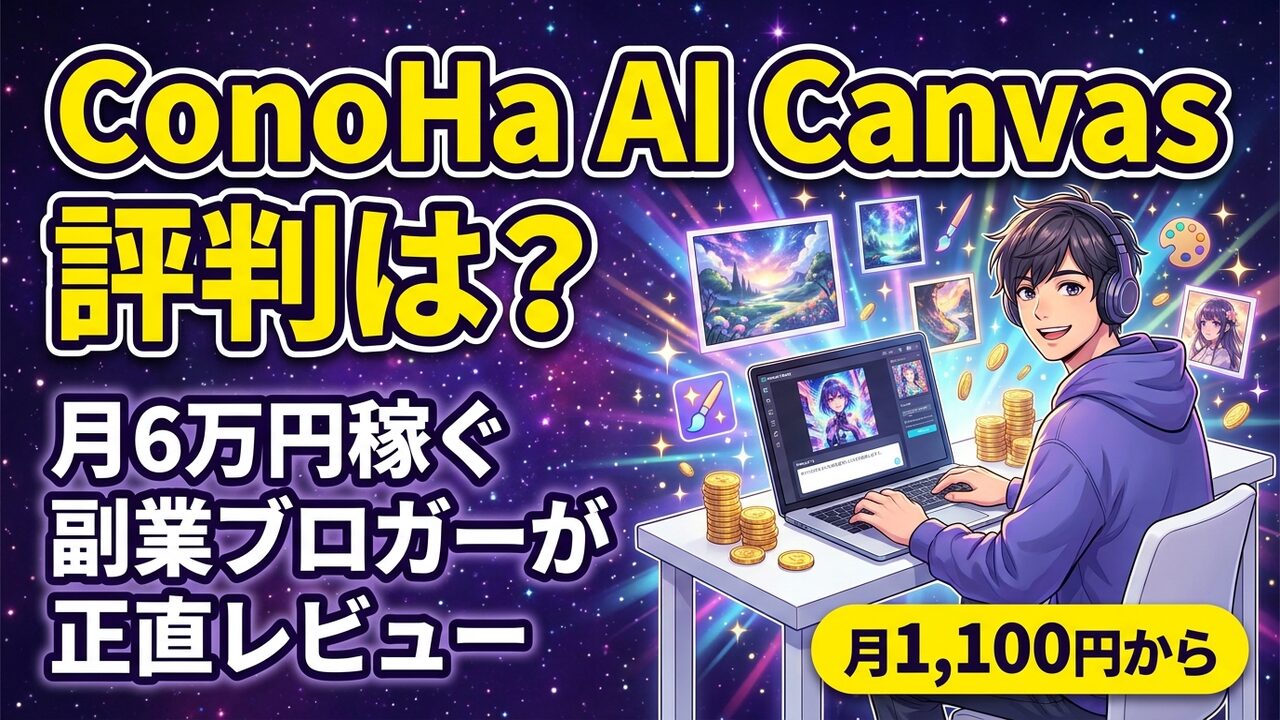 ConoHa AI Canvas評判レビューアイキャッチ｜月6万円稼ぐ副業ブロガーが料金プラン・使い方・副業活用を正直解説