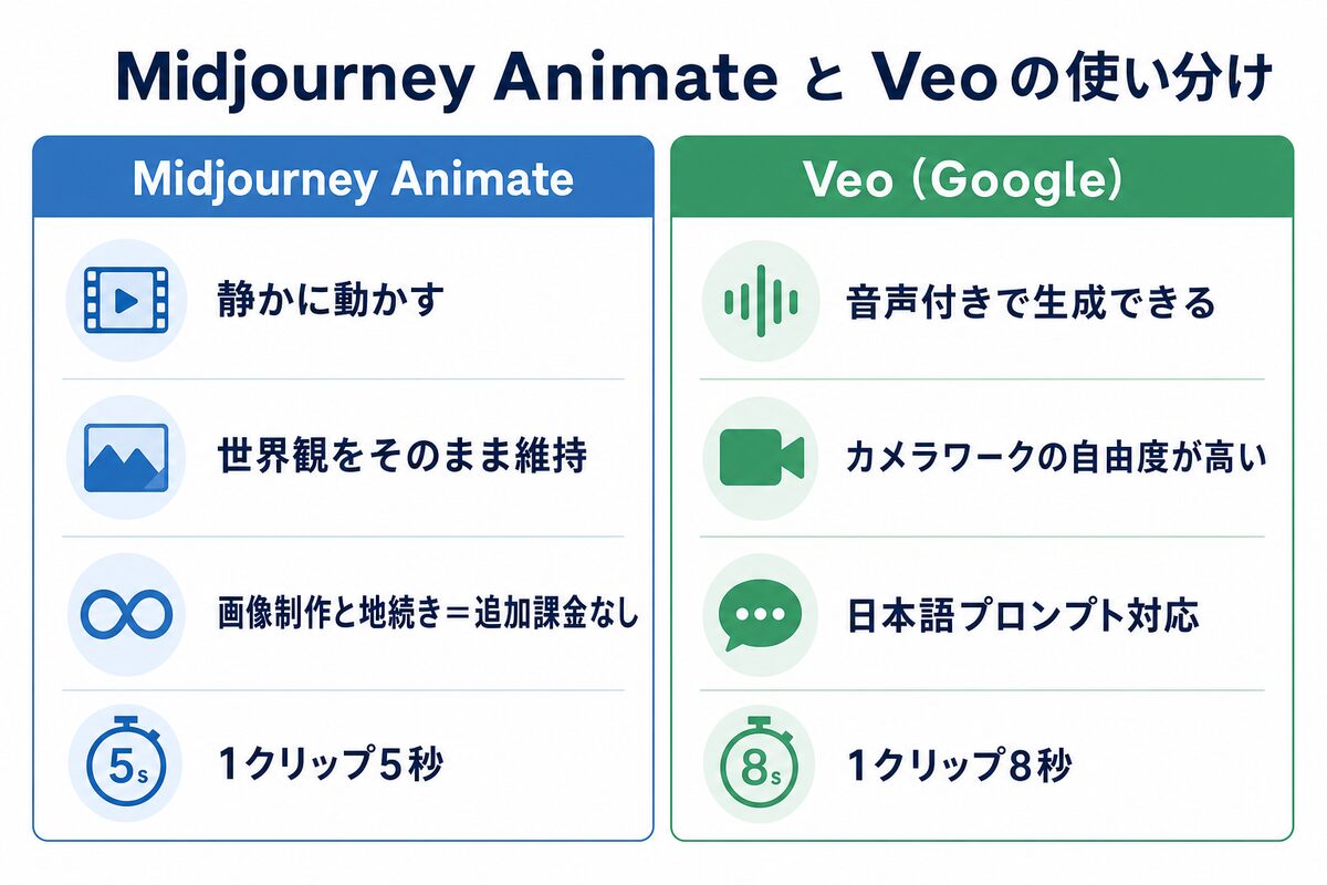 Midjourney AnimateとVeoの使い分け比較図