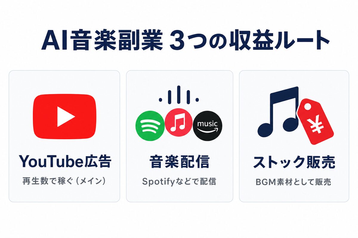 AI音楽副業の3つの収益ルートの図解