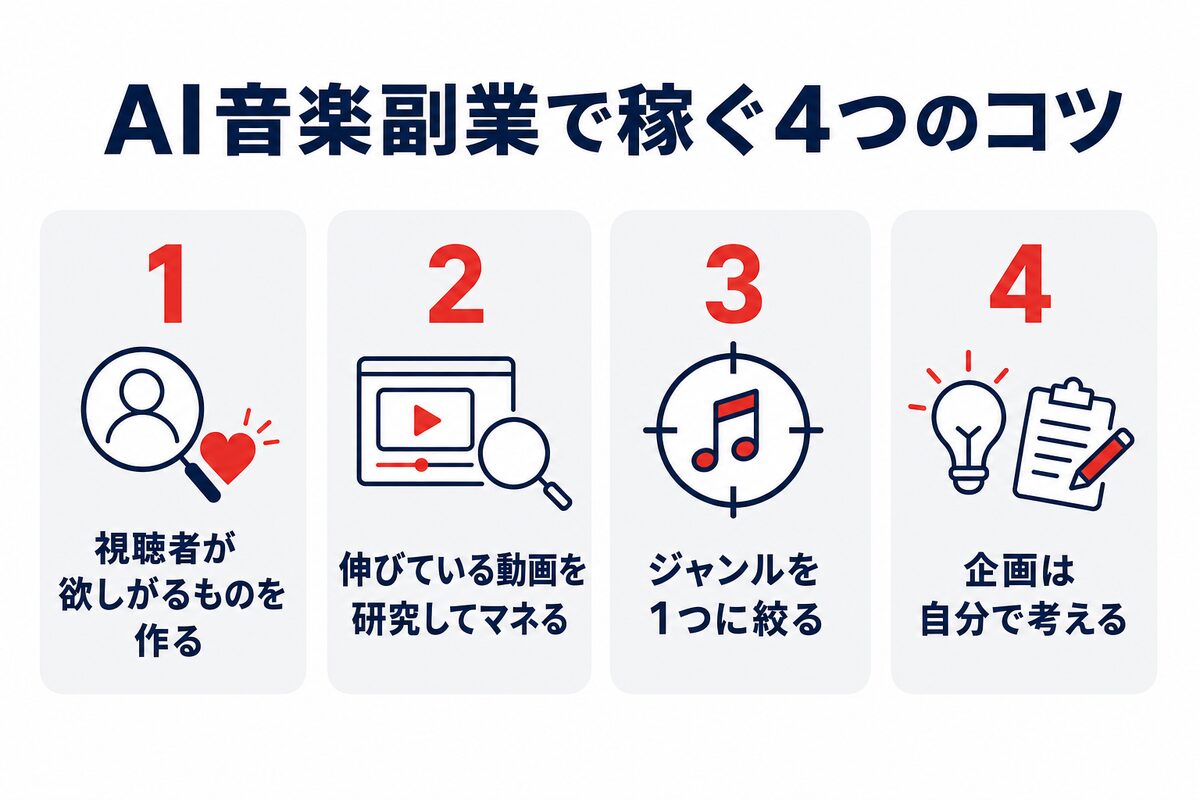 AI音楽副業で稼ぐ4つのコツの図解