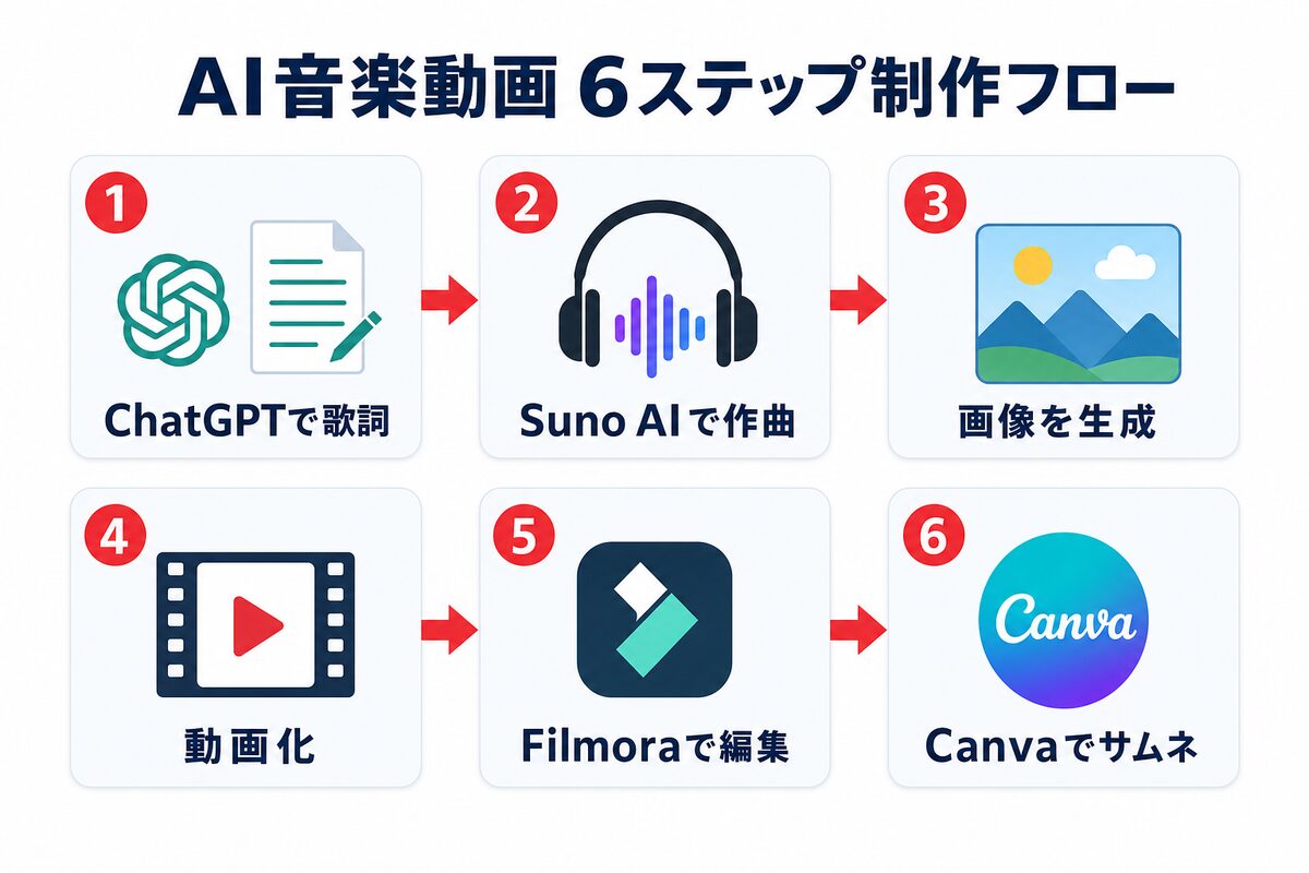 AI音楽動画の6ステップ制作フロー(⑤Filmora編集の位置)