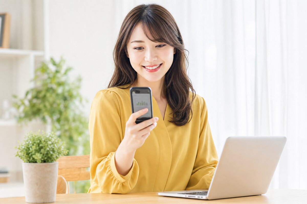 スマホで配信収益を確認する副業会社員のアイ