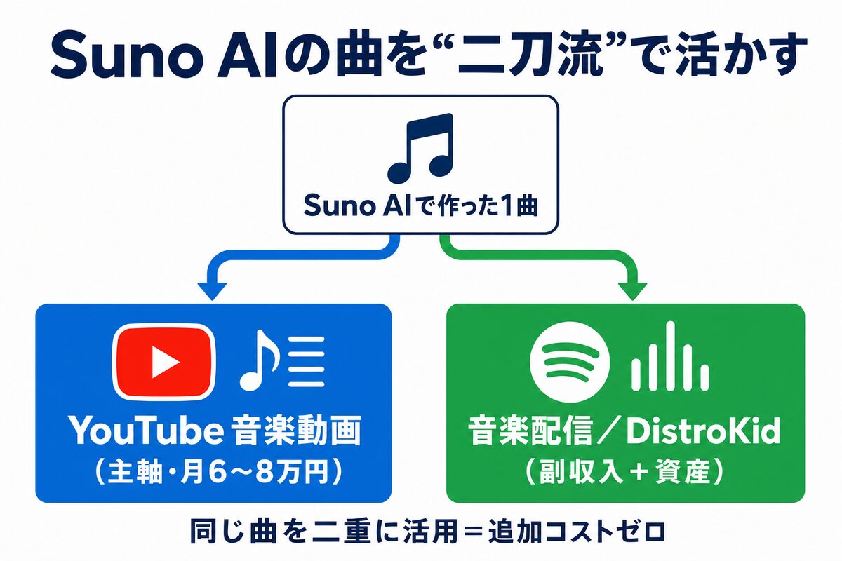 Suno AIの曲をYouTubeと配信の二刀流で活かす図解