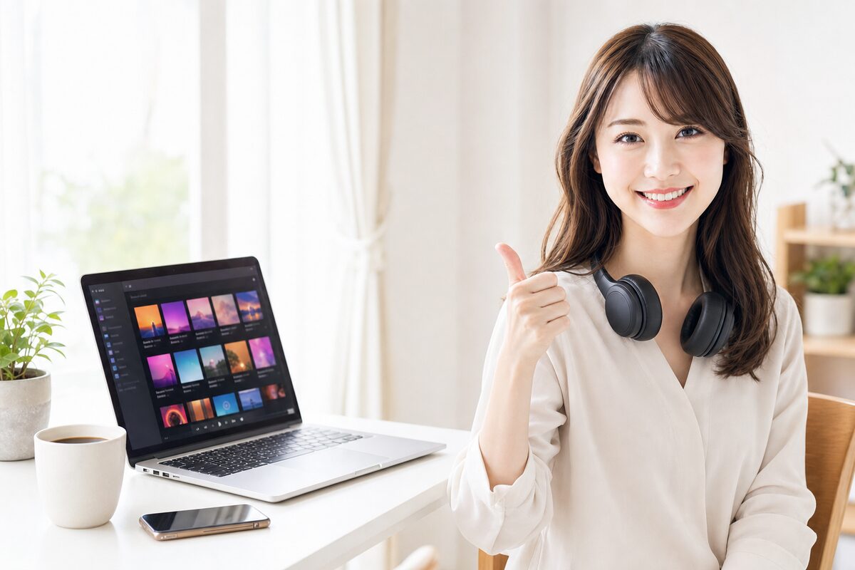 ヘッドホンを首にかけ、ノートPCの音楽配信ダッシュボードを見ながら笑顔でサムズアップする運営者アイ