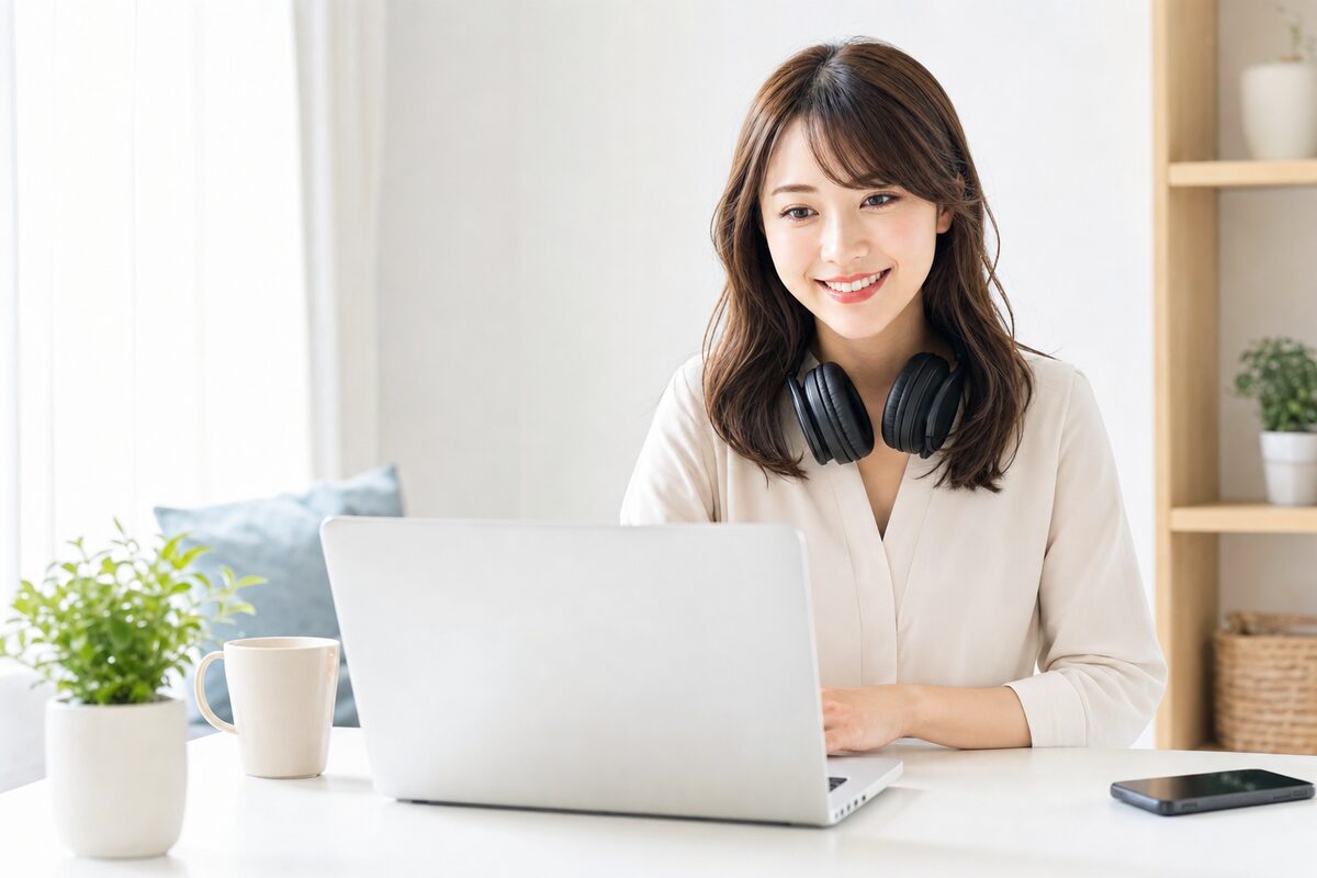 デスクでヘッドホンを首にかけて音楽配信ダッシュボードを確認する様子