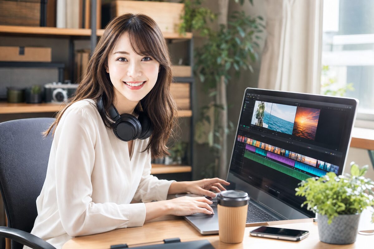 ヘッドホンを首にかけ、動画編集タイムラインを表示した画面でFilmora編集をする運営者アイ