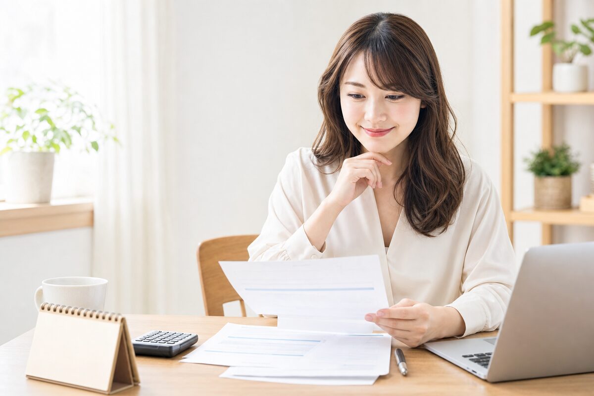 自宅のデスクで開業届などの書類を見ながら、出すべきか考える運営者アイ
