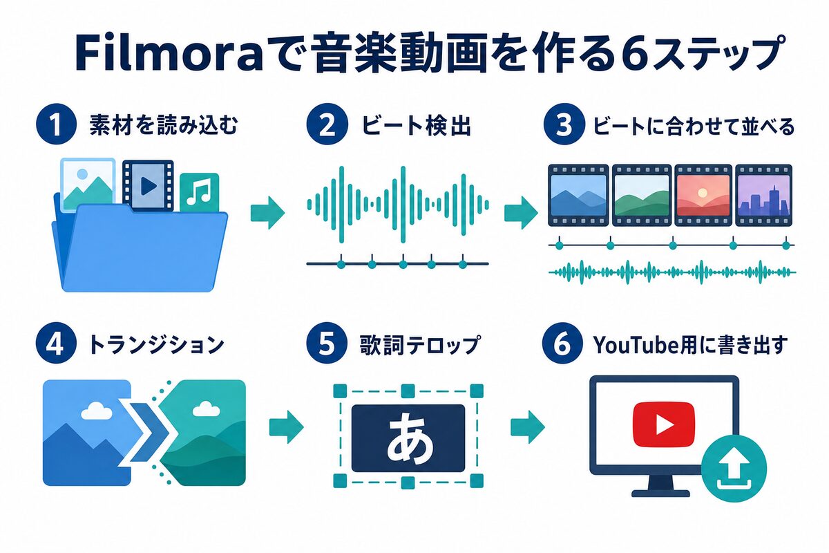 Filmoraで音楽動画を作る6ステップ手順図