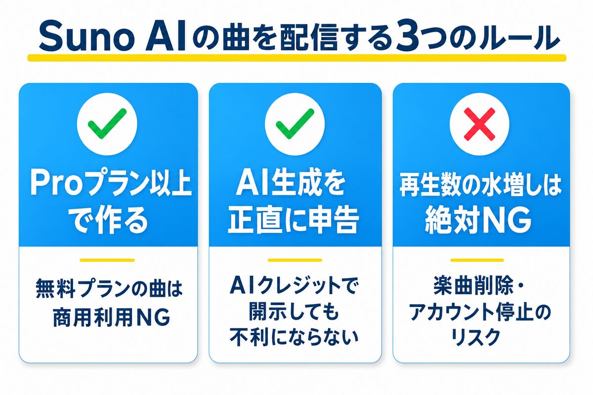 Suno AIの曲を配信する3つのルール:Proプラン以上で作る・AI生成を正直に申告・再生数の水増しは絶対NG
