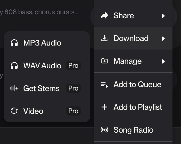 Suno AIのDownloadメニュー(MP3・WAV・Get Stems・Video)