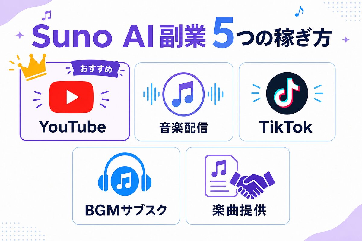 Suno AIで稼ぐ5つの副業ルートの図解