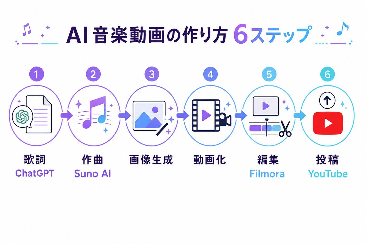 AI音楽動画の作り方6ステップの図解