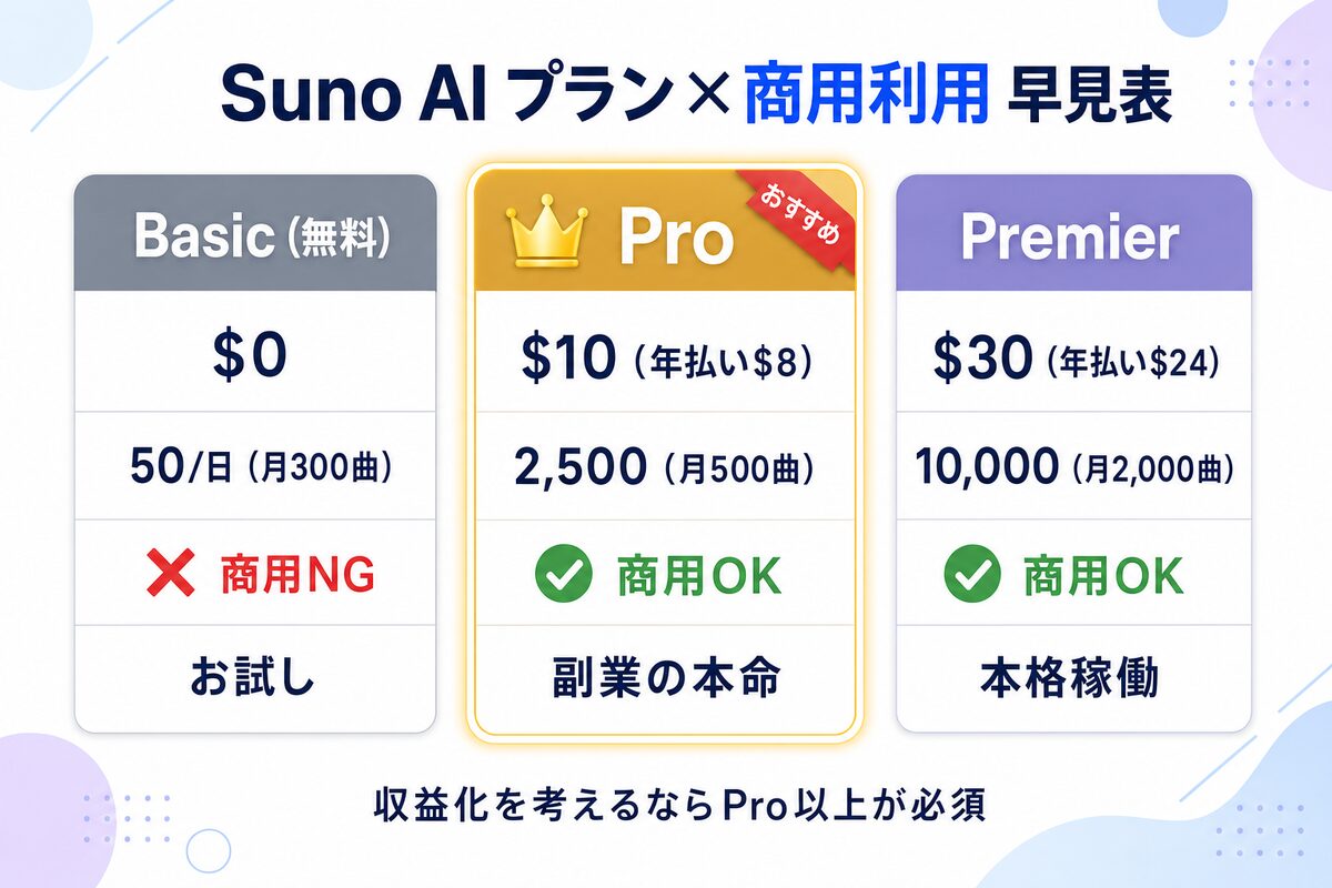 Suno AIプラン×商用利用 早見表(Basic・Pro・Premierの料金と商用利用可否)