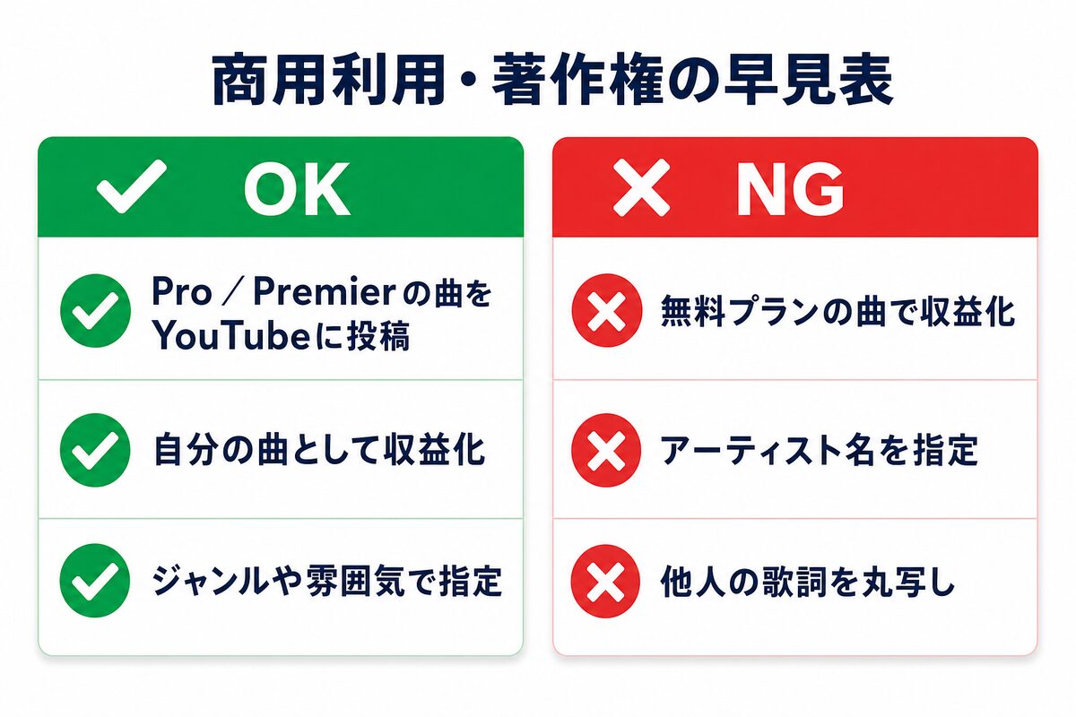 Suno AIの商用利用・著作権 早見表(OK/NG)