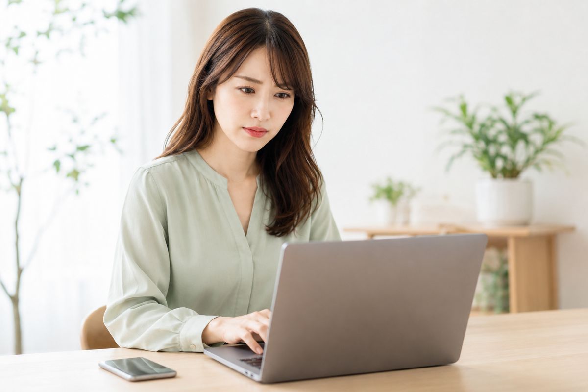 ログインの壁に悩みながらノートPCを操作する女性