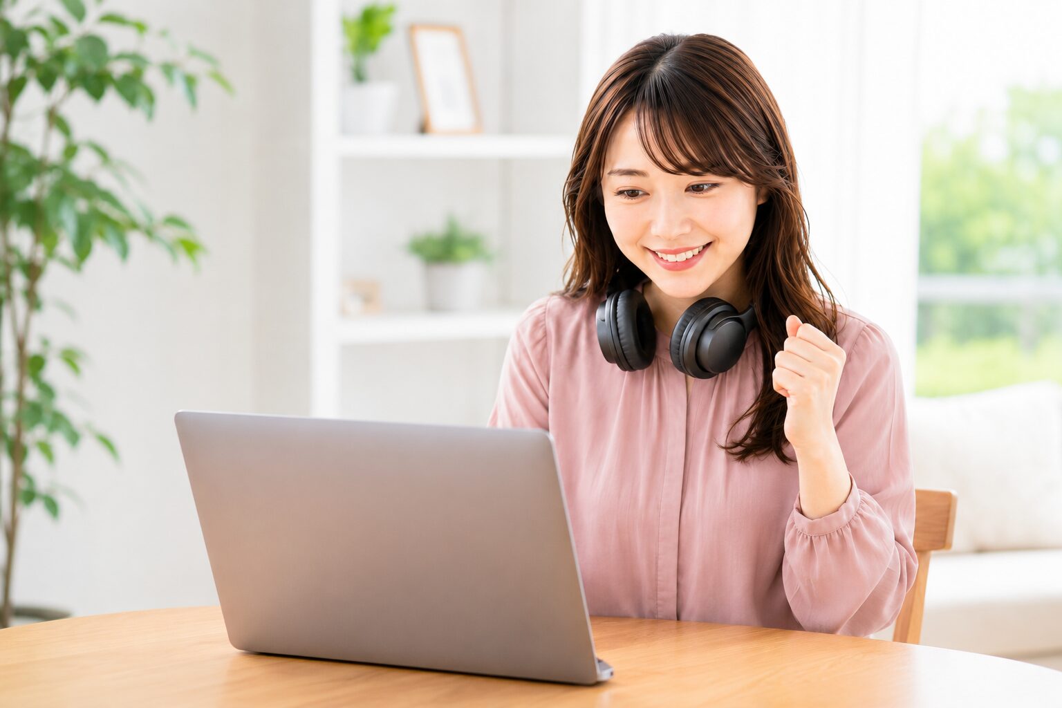 ヘッドホンを首にかけノートPCでAI動画を制作する女性