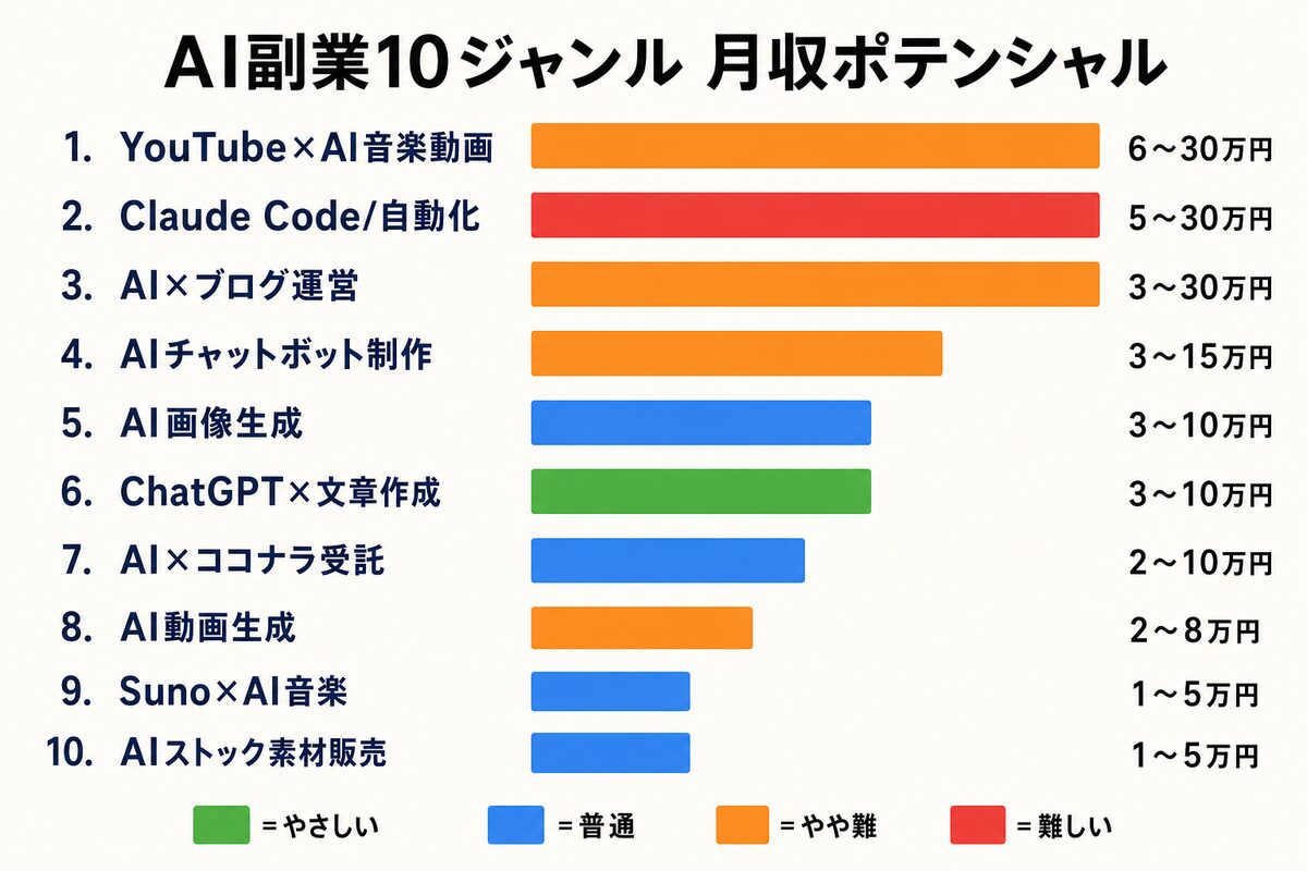 AI副業10ジャンルを月収目安と難易度で比較したマップ