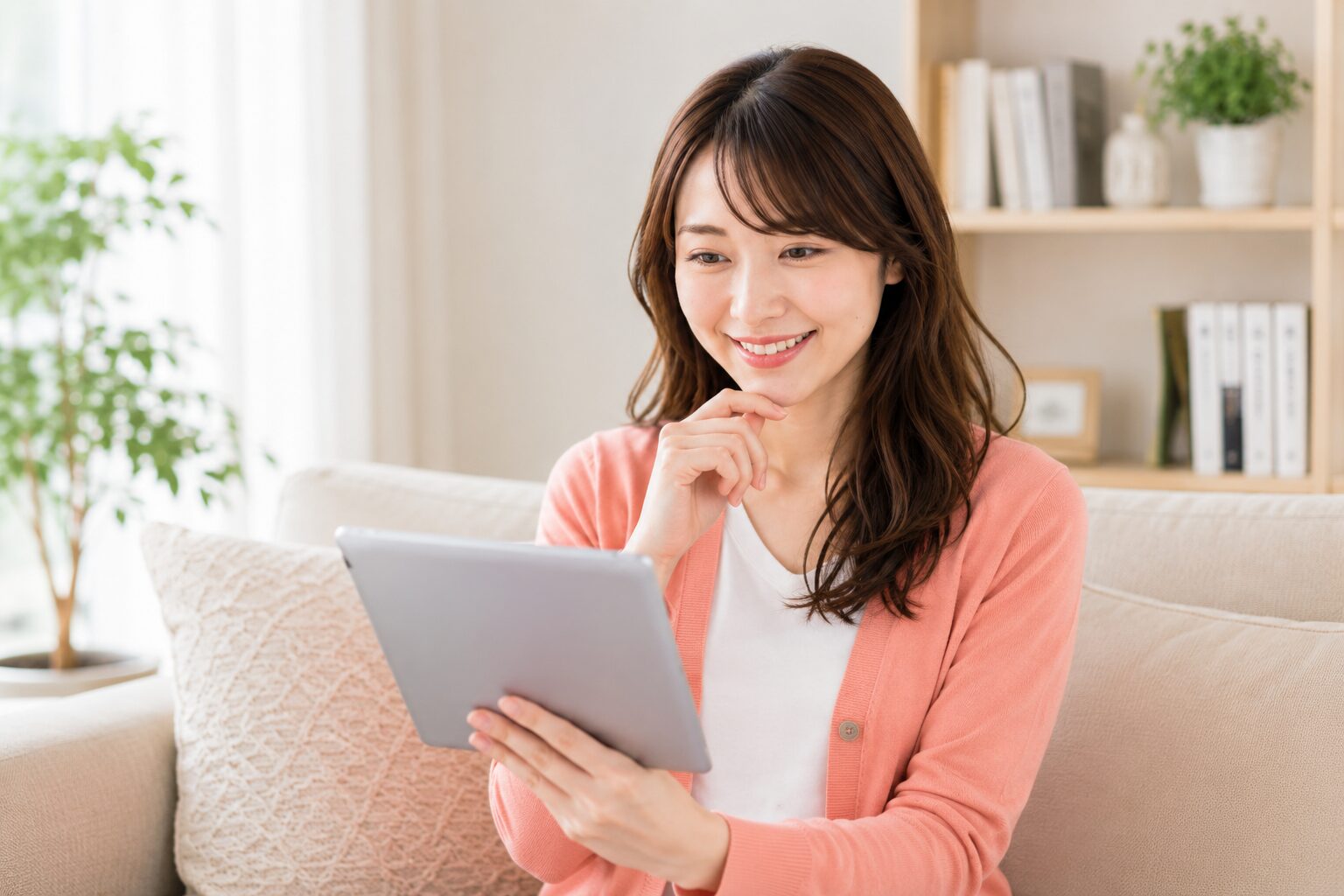 リビングでタブレットを見ながらAI副業のジャンルを検討する女性