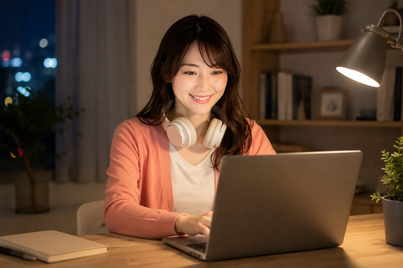 夜のデスクでヘッドホンを首にかけ動画づくりの作業をする女性
