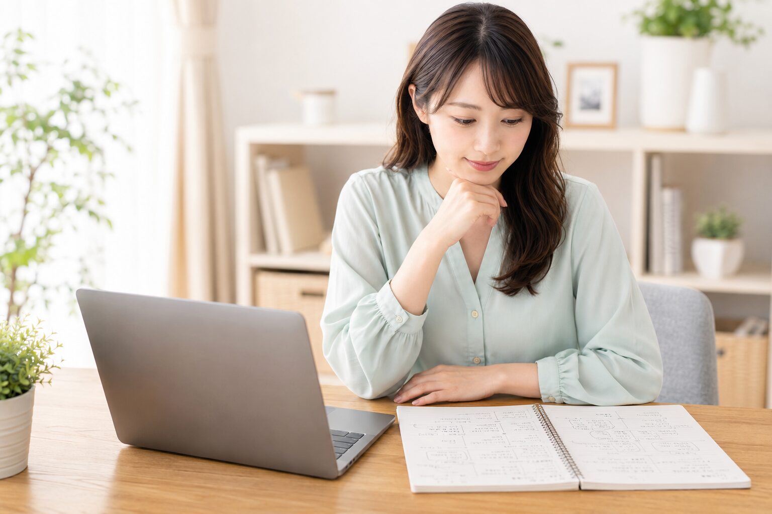 デスクで比較メモを見ながらAI副業の候補をじっくり見比べる女性