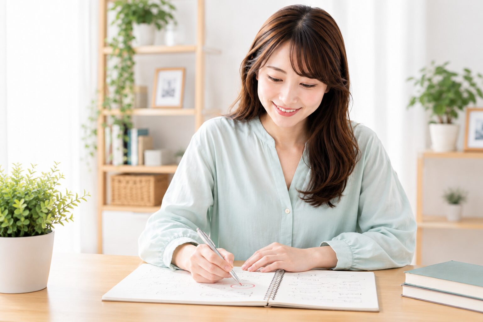 ノートに丸をつけて自分に合うAI副業を決めた女性