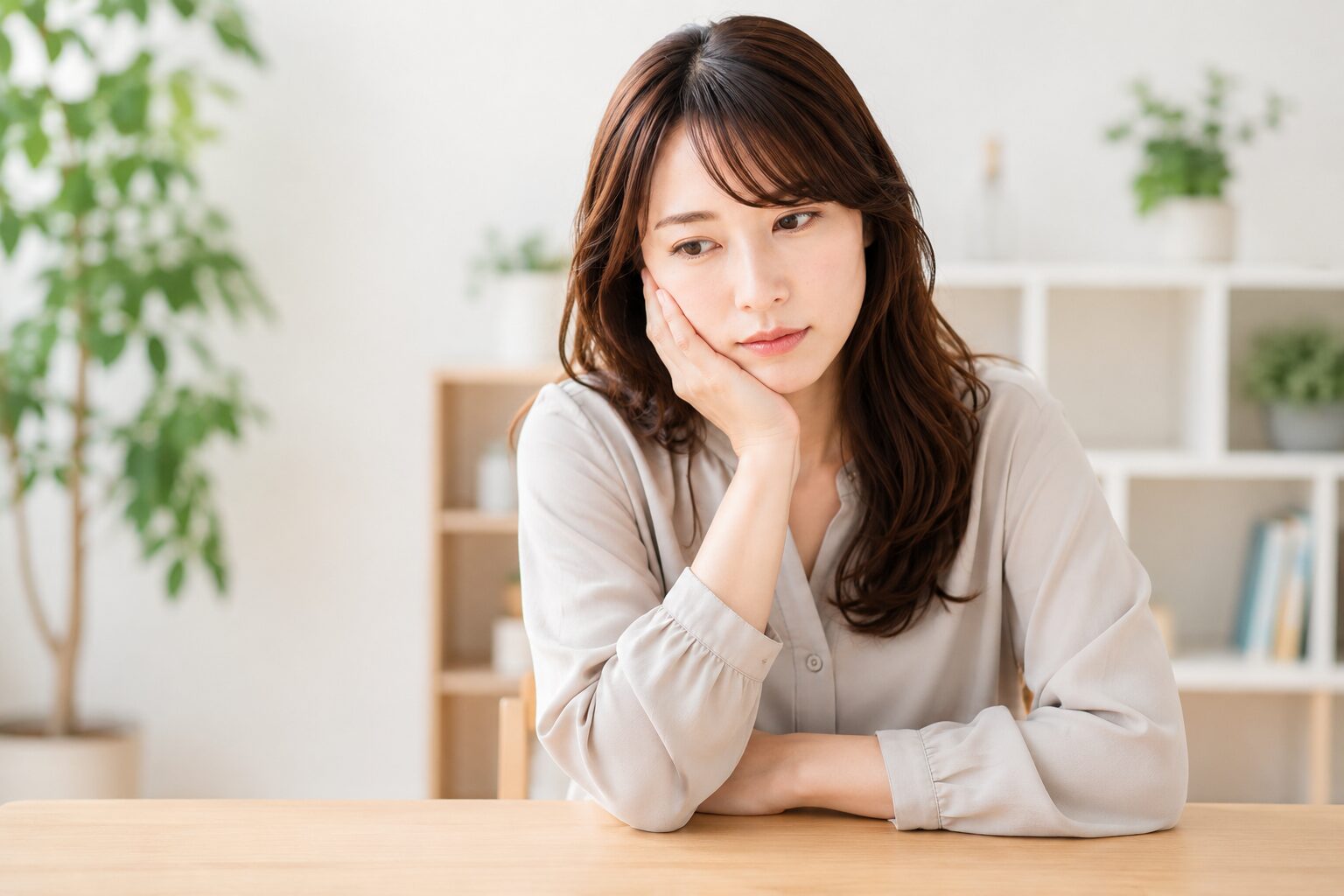 AI副業がうまくいかず頬に手を当てて悩む女性