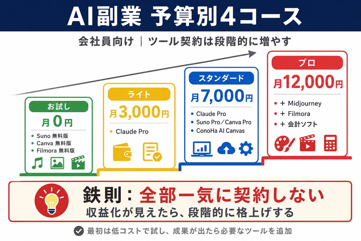 AI副業ツールの予算別4コース(月0円・3,000円・7,000円・12,000円)の階段図