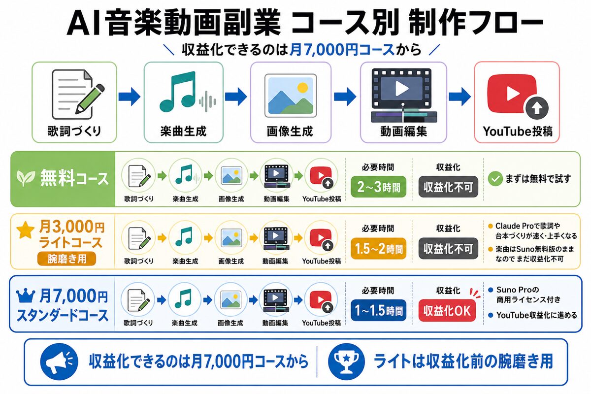 コース別の動画1本制作フローと所要時間・収益化可否の比較図